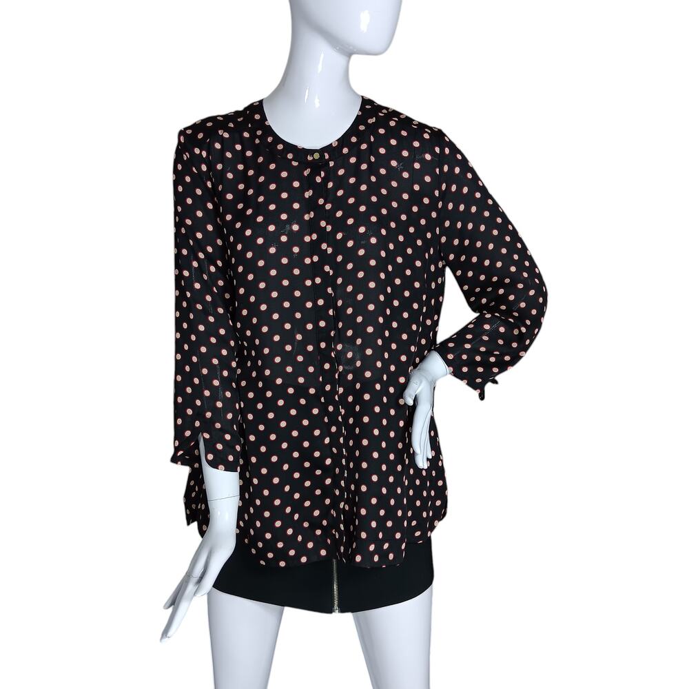 Liz Claiborne Career Polka Dot Sheer Top Size Large Black Beige Red Long Sleeve